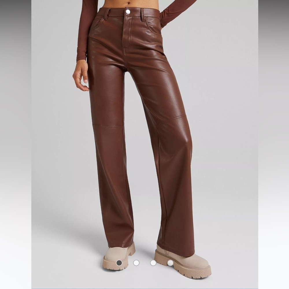 BERSHKA BROWN FAUX LEATHER STRAIGHT LEG PANTS